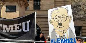 An “Albanazi” placard at Brisbane’s CFMEU protest.