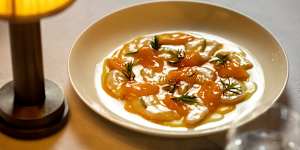 Paspaley pearl meat with persimmon and seablite.