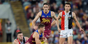 Dayne Zorko of the Lions is tackled by Brad Crouch of the Saints during their round 24 clash.