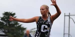 Hannah McGuire playing netball for Clunes about eight years ago.