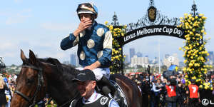 Jockey Hugh Bowman with Marmelo at the 2018 Melbourne Cup. 