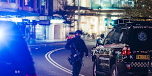 Bondi Junction Westfield and streets surrounding were in lockdown and closed as police and ambulance respond to multiple stabbing and shooting casualties. As night draws in the police investigation continues,Saturday 13th of April 2024. Photo:Dion Georgopoulos/ The Sydney Morning Herald