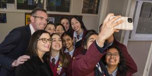 Premier Dominic Perrottet and Education Minister Sarah MItchell with Cheltenham Girls High students.