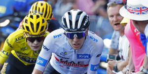 Tadej Pogacar,wearing the best young rider’s white jersey,and Denmark’s Jonas Vingegaard on the 15th stage.