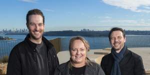 CHROFI architects Steven Fighera and Luke Hannaford with D’harawal Eora knowledge keeper Dr Shannon Foster. The Yiningma and Burragula lookouts by CHROFI architects are nominated in the small projects category of the 2024 NSW Architecture Awards. 