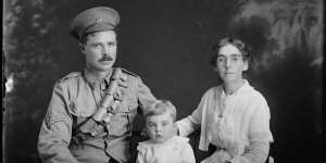 A portrait of soldier Wane Cherrie with wife Elizabeth and son Neil in Marrickville in April 1916. Cherrie was killed in Belgium in September 1917 when his dugout was hit by a shell. His son,Neil,served in World War II and was taken as a prisoner of war,but survived. 