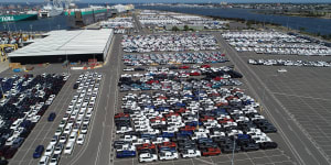 Imported cars at the Melbourne International RoRo and Auto Terminal in Port Melbourne.