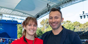 Imara-Bella Thorpe meets Ian Thorpe at the Melbourne Sports and Aquatic Centre during the World Shortcourse Championships.