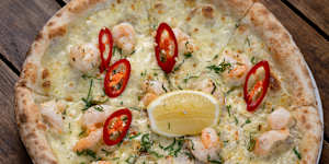 Chilli prawn pizza.
