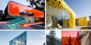 AI-generated architecture by Niel Leach:Orange Blob;Yayoi Kusama Yellow;Red Box Yosemite;Koolhaas Alps 3. Instagram @neilleach14