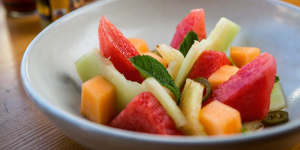 Summer salad:Escabeche melon salad with pickled pineapple and jalapeno.