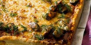 Onion,gruyere and sour cream tart with smoked mussels and dill.