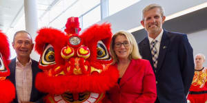 Roger Cook,Rita Saffioti and Perth Airport chief operating officer Scott Woodward at the launch of the WA-China flights.