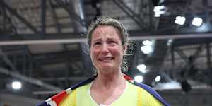 Emily Petricola celebrates after winning the Women’s C4 3000m Individual Pursuit Final. 