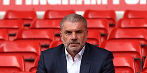 NOTTINGHAM,ENGLAND - SEPTEMBER 11:Ange Postecoglou poses for a photo in the stands as he unveiled as Nottingham Forest head coach at City Ground on September 11,2025 in Nottingham,England. (Photo by Nathan Stirk/Getty Images)