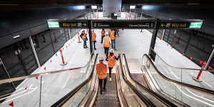 Escalators to the 170-metre-long platforms at Waterloo station.