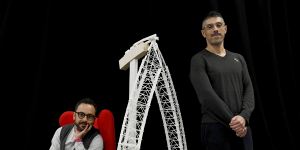 Academics Paolo Stracchi and Luciano Cardellicchio with the 3D erection arch they created to help explain to students how the Opera House was built.