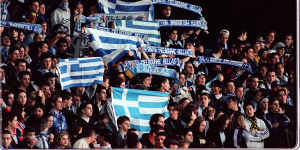 South Melbourne fans with Greek flags at the an Ericsson Cup grand final against Carlton at Olympic Park. 
