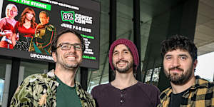 Rob DenBleyker (left),Kris Wilson (centre) and Adam Nusrallah. Cyanide&Happiness are coming to Oz Comic-Con for the first time.