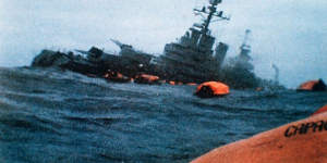 The Argentinian ship the General Belgrano sinking after being attacked by a British submarine during the Falkland Islands war in 1982.
