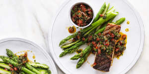 Grilled salmon with tomato and oregano dressing.