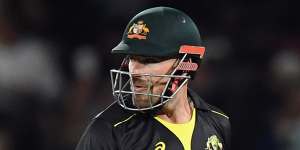 Aaron Finch leaves the field after being dismissed cheaply by Tim Southee in Australia’s loss to New Zealand during game one of their T20 series at Hagley Oval in Christchurch.