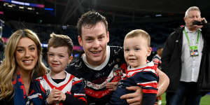 Luke Keary with his partner Amy and sons Hudson (left) and Brodie.