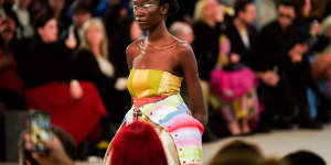 A model wears a design by Matthew Lewis at Melbourne Fashion Week.