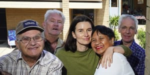 Photos of Techno Park Drive residents,Arnie Hindhaugh,Matt Robinson (blue shirt),Nida and Vincent Schirripa (small couple) and Lara Week (green top) in Williamstown on Friday 16 February 2024. 