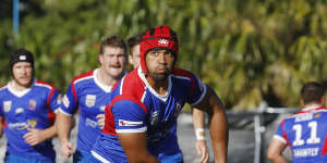 Langi Gleeson in action for Manly in the Shute Shield. 