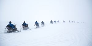 A line of snowmobiles head out into the wilderness.
