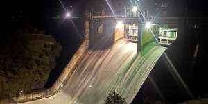 The Lake Eildon spillway gates open for flood operations for the first time since 1996.