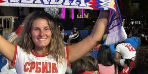 Dandenong’s Sara Djakovic at Melbourne Park cheering on her near-namesake,Novak Djokovic,in his blockbuster quarter-final.