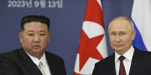North Korea’s leader Kim Jong-un and Russian President Vladimir Putin shake hands in Russia last September.