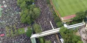 Drone footage shows protesters marching from Victoria Park on Sunday.