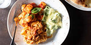 Pasta trio (clockwise from top left:Gnocchi with tomato and basil,spinach and ricotta tortelli with mascarpone,and tagliatelle with bolognese ragu).