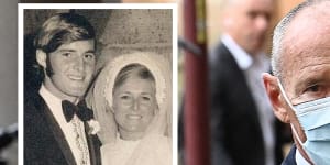 Chris Dawson arriving at the NSW Supreme Court in August before the judge’s guilty verdict. Inset:Dawson with Lynette on their wedding day in 1970.