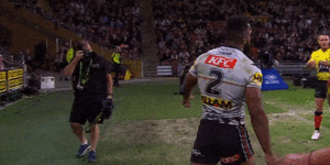 Jarome Luai makes contact with a touch judge during Thursday’s NRL win over Brisbane.