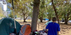 Monic McLean living ina tent in Musgrave Park in South Brisbane. She has twice seen tents taken and dumped by council staff.
