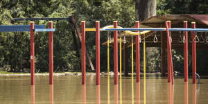Submerged play equipment at the Goulburn River Caravan Park in Seymour.