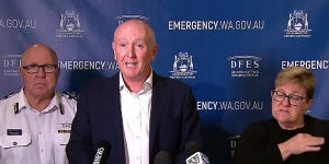 WA Emergency Services Minister Stephen Dawson addresses media at DFES in Perth.
