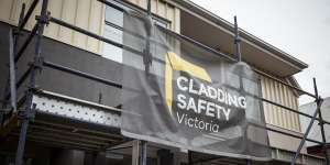 A building on Weston Street,Brunswick East. The Cladding Safety Victoria logo has been used at sites where affected properties are being rectified.