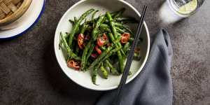 Wok-fried green beans with pork mince,olive leaves and chilli.