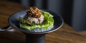 Doju’s salted calamari on seasoned rice with Geraldton wax is a fresh play on Korean flavours.