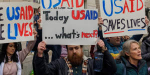 Supporters of the US Agency for International Development (USAID) outside its headquarters in Washington.