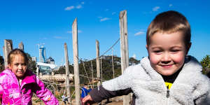 Anna,6,and Xavier,4,at the Royal Park Nature Play playground. 