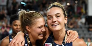 Kate Moloney and Liz Watson have been playing together for years. The pair were all smiles after the Vixens won the 2020 grand final.