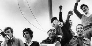 Anthony Albanese,far left,and Alex Bukarica,seated far right,protest about changes to the political economics course at the University of Sydney in 1983.