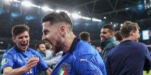 Jorginho celebrates after his penalty sent Italy to the final of Euro 2020.