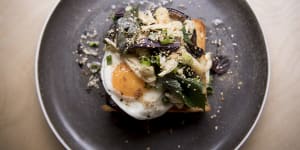 Japanesque:Miso eggplant and fried egg on toast.